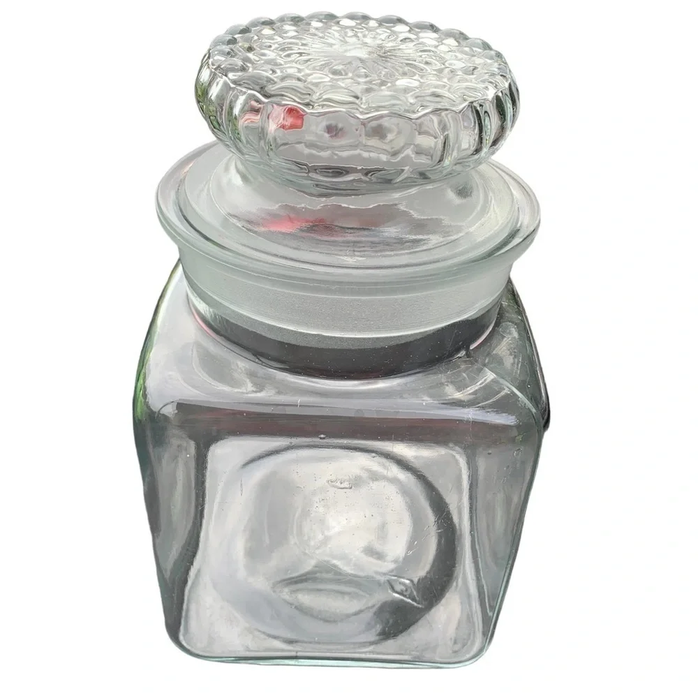 Vintage Candy Jar Square Glass Apothecary Ground Lid Country Store Storage 8”